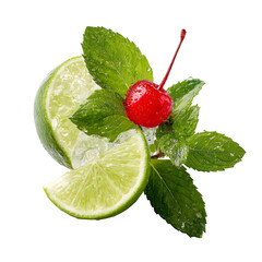 Close-up of cocktail garnishes: lime wedge, cherry, mint leaf, white background, isolated