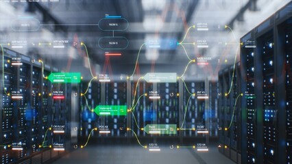 Modern Data Technology Center with Server Racks in Big Storage with VFX Animation. Animated...