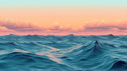 Fototapeta premium Serene Ocean Waves Under Colorful Sunset Sky with Gentle Clouds in the Horizon