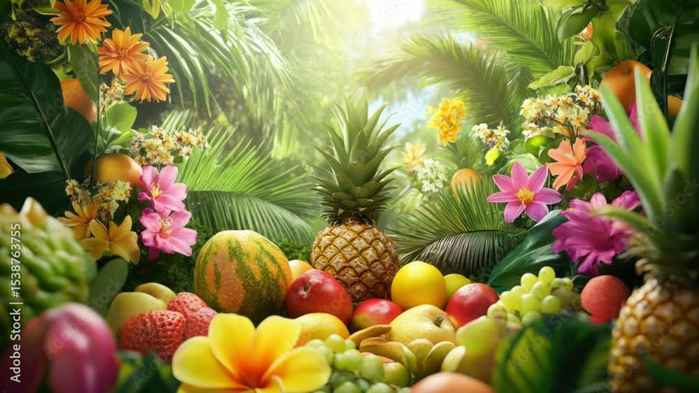 Poster a colorful arrangement of various fruits and flowers on a table or shelf