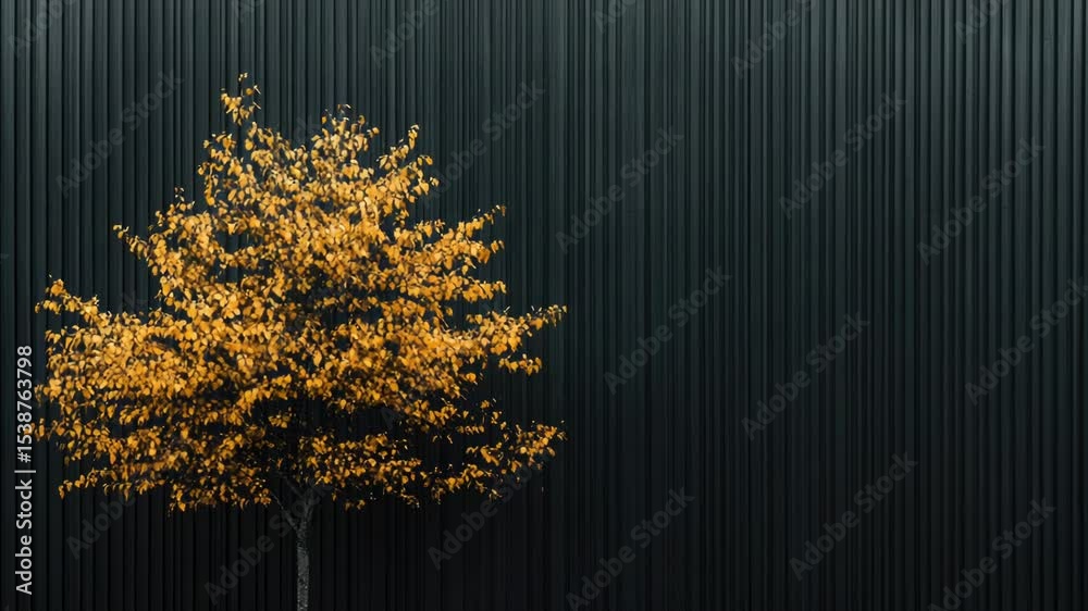 Poster a single yellow tree growing in front of a black wall, with a simple and powerful contrast
