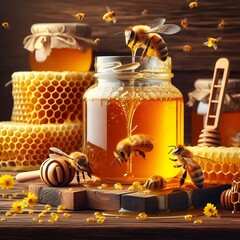 A beautiful jar of honey and honeycomb with bees 
