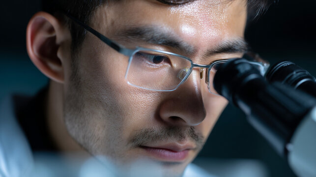 Asian scientist looking in microscope.