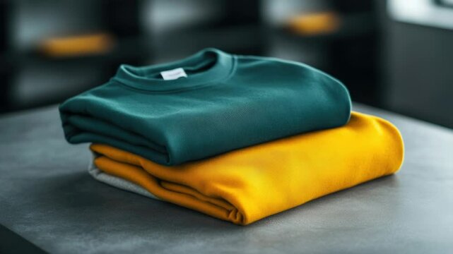 Three shirts stacked on a table, various designs and colors