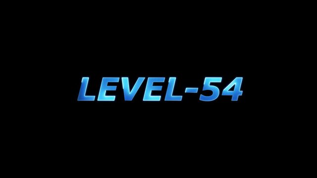 Glowing blue level 54 text on black background animated gaming concept