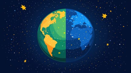 Naklejka premium Cartoon earth globe divided in half, sunlit daytime, nighttime dark side, starfield