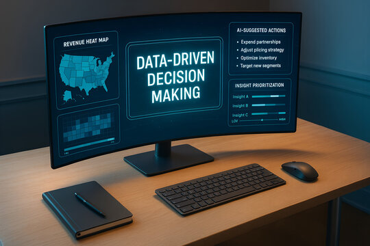 Data driven decision making visualization featuring a modern computer monitor displaying business analytics and insights on a wooden desk.