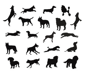 Set of dogs silhouette in different poses,Hand drawn black dogs isolated on transparent background,collection of black dogs design elements vector illustration
