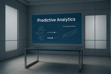 Futuristic office setting displaying predictive analytics and data visualizations on a holographic screen illustrating business strategy and market analysis