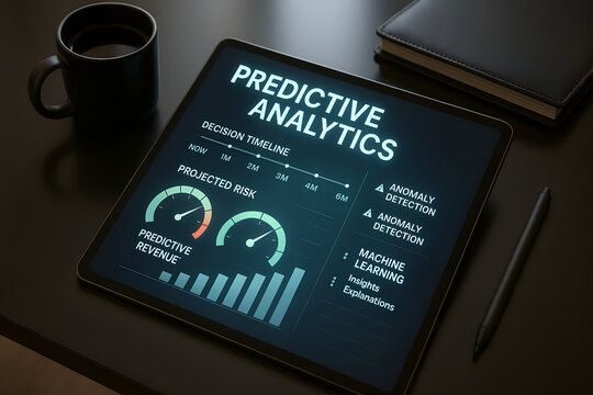 Digital tablet displaying predictive analytics data visualization for business strategy and decision making with charts and gauges
