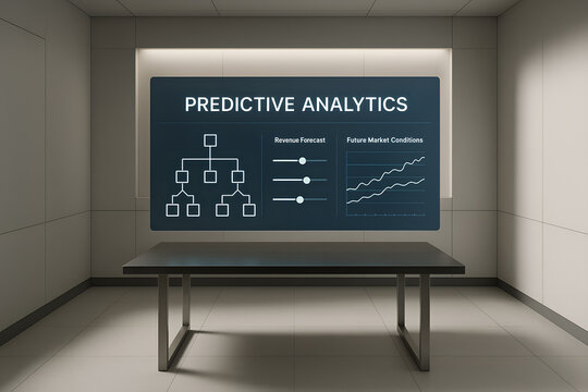 Futuristic presentation room displaying predictive analytics data with graphs and charts for business planning and revenue forecasting
