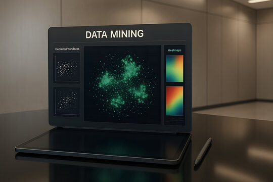 Modern data mining display on a tablet screen representing complex data analysis and visualization concepts in a professional environment
