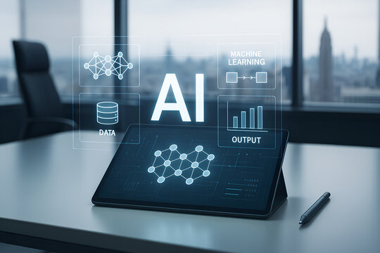 Artificial intelligence concept displayed on tablet screen in modern office with futuristic data visualizations and machine learning symbols