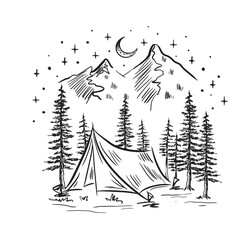 Hand drawn camping tent and pine trees arround, hand drawn camping night with moutain black and white