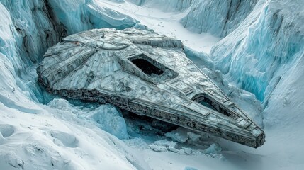 Frozen derelict spacecraft nestled within icy mountain crevices.