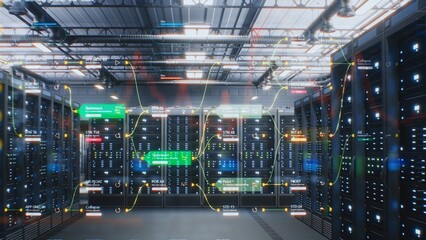 Modern Data Technology Center with Server Racks in Storage with VFX Animation. Animated...