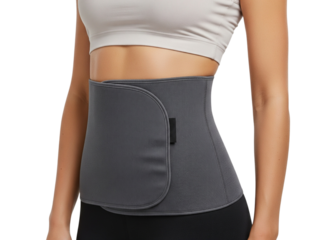 Woman wearing grey waist trainer belt for fitness and body shaping, cut-out