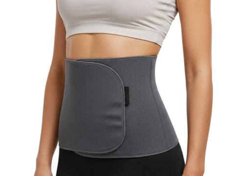 Woman wearing grey waist trainer belt for fitness and body shaping, cut-out
