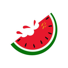Refreshing red watermelon slice with black seeds and juicy splashes of juice. Minimalist vector illustration on white background symbolizing summer atmosphere and healthy eating