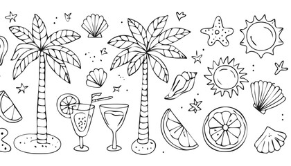 Hand drawn summer illustration set. Italian vacation,ocean and travel. Minimalist line art. Abstract palm tree, lemon, cocktails sun and sea, seashells in doodle sketch. Vector.doodle, graphic,