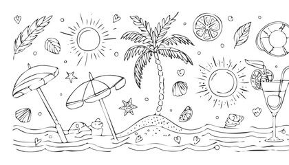 Hand drawn summer illustration set. Italian vacation,ocean and travel. Minimalist line art. Abstract palm tree, lemon, cocktails sun and sea, seashells in doodle sketch. Vector.doodle, graphic,
