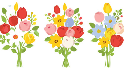 Bouquets of flowers. A bouquet of garden flowers, a bouquet of tulips, a bouquet of roses. Vector set of floral decoration. Suitable for March 8, Mother's Day, invitations,colours, elegant, graphic, 