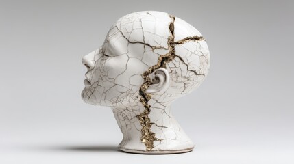 Broken porcelain head restored with gold using kintsugi technique symbolizing psychological resilience and emotional healing