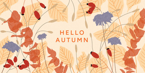 Autumn composition with transparent flowers, dry poppy pods, orange foliage and purple blossoms. Seasonal botanical background for greeting, poster, header, card, banner. Vector illustration