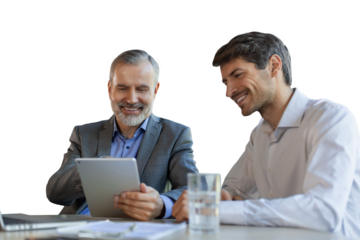 Mature businessman using a digital tablet to discuss information with a younger colleague on a transparent background