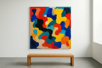 MinimalistD�cor. A vibrant abstract painting with flowing colorful shapes in a modern minimalist gallery setting above a simple wooden bench.