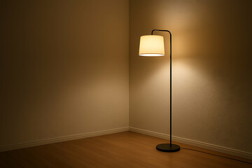 MinimalistD�cor. A minimalist floor lamp with a white lampshade illuminates a corner of a wooden-floored, beige-walled room.