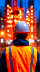 Fototapeta premium Worker Night Construction Site Safety Helmet