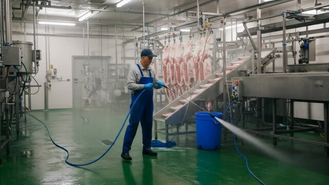 Worker Cleaning Industrial Meat Processing Facility - A lone worker in blue overalls pressure washes the floor of a large-scale meat processing plant.