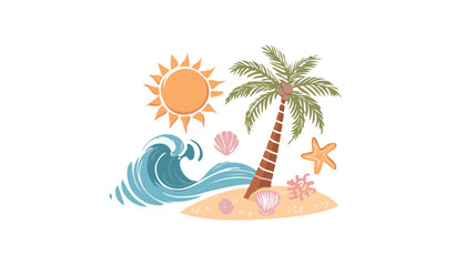 Obraz premium Abstract summer poster in doodle naive. Modern prints with hand drawn palm tree, sun, sea, wave, seashells. Vacation and beach concept. Trendy design for cards,doodle, ink, outline, palm, poster, 