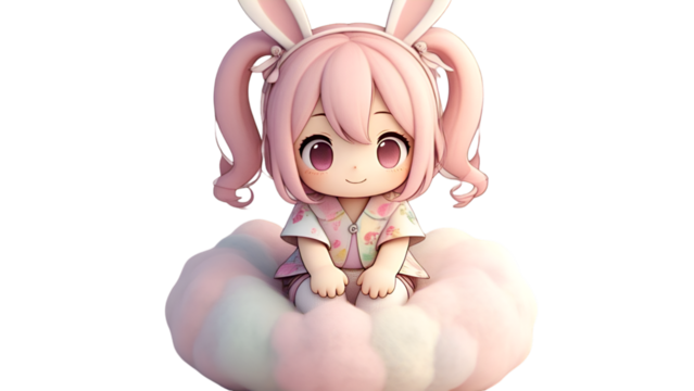 Kawaii Girl Character with Pink Hair and Bunny Ears – Isolated on White