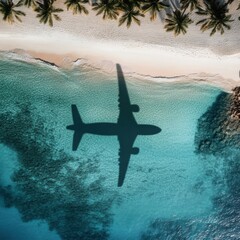 Airplane Shadow Over Tropical Beach with Palm Trees