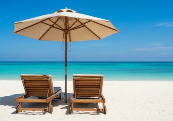 Obraz premium Beach Bliss Serenity Two Chairs Under an Umbrella Awaits on a Tropical Escape with Calm Waters