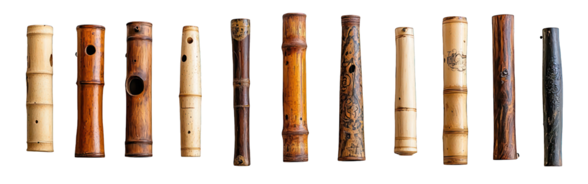 Row of vintage bamboo flute pieces