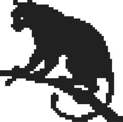 Fototapeta premium Pixel art panther silhouette on tree branch, retro digital wildcat in black and white minimalist illustration