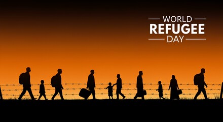 Fototapeta premium Silhouettes of refugees walking towards a barbed wire fence on World Refugee Day. 