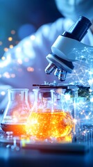 Scientist using microscope in lab, analyzing glowing liquid, research