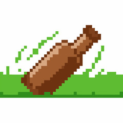 Obraz premium Pixel art brown glass bottle lying on grassy ground, retro gaming style, vintage digital design symbol, isolated icon
