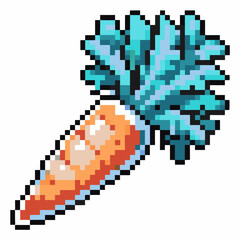 Obraz premium Pixel art carrot with green leafy top, isolated vegetable illustration, retro gaming style, healthy organic food icon