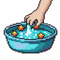 Fototapeta premium Hand dipping into water with floating flowers, pixel art retro digital illustration of relaxation and wellness