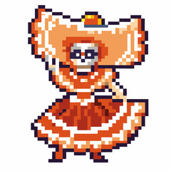 Pixel art skeleton dancer wearing traditional wide dress and hat day of the dead celebration, cultural folk dance character