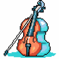 Obraz premium Pixel art cello and bow retro digital string instrument illustration, music concept, classical sound, 8 bit vintage
