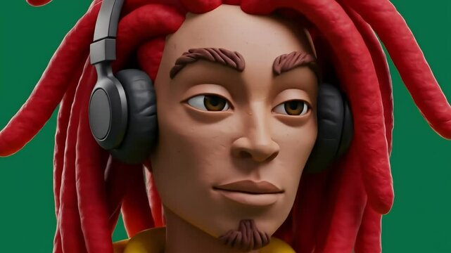 Close-up animated video of a 3D clay character figure man with red dreadlocks wearing headphones, eyes closed, appearing serene and listening to music on green screen background
