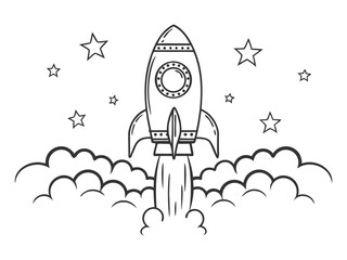 Rocket launch. Black and white vector illustration for coloring book