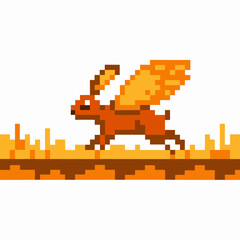 Obraz premium Pixel art winged rabbit running on ground in fiery orange landscape retro 8 bit video game animal sprite character