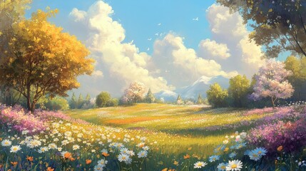 Obraz premium Serene Landscape of Colorful Flowers Under a Bright Blue Sky with Fluffy Clouds and Majestic Mountains in the Distance